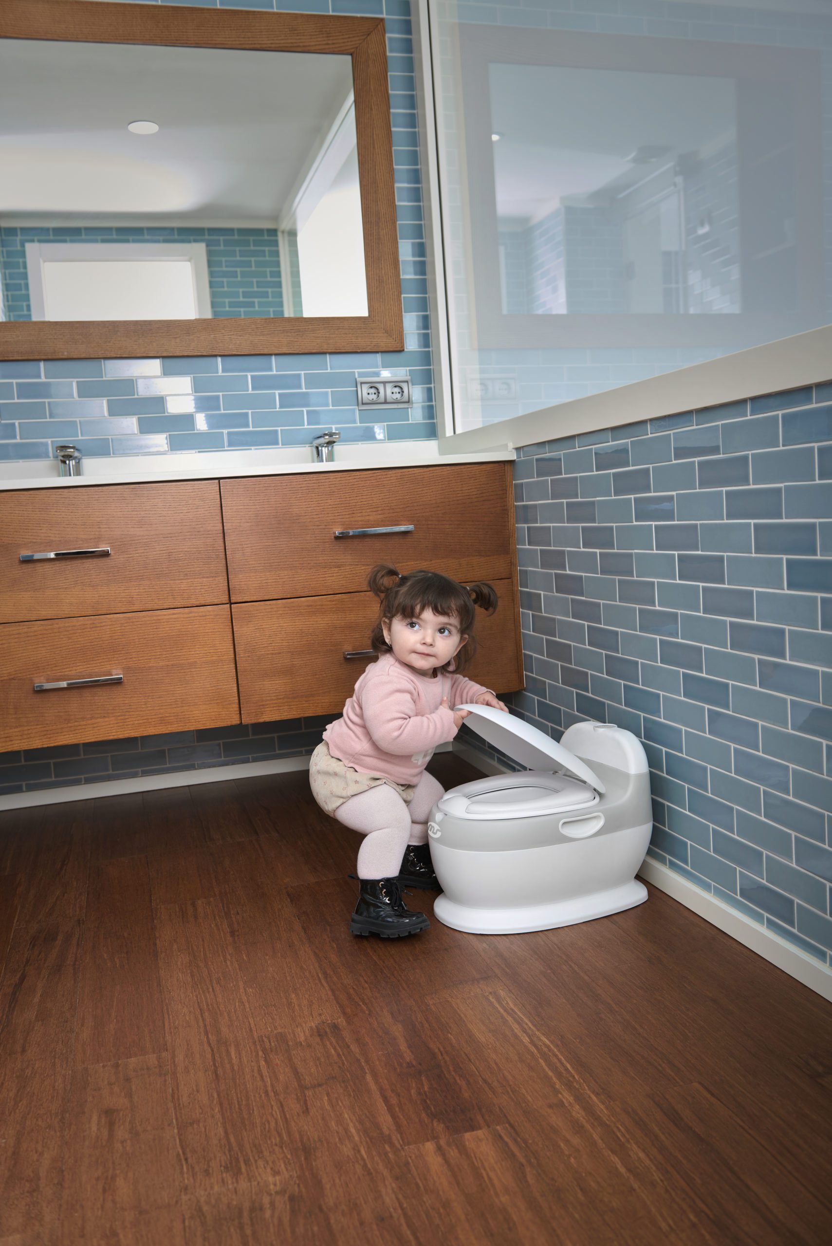MS - Orinal Baby Potty 3 en 1 Orinal, Taburete y Asiento con acople a WC,  2-3 años, Con Sonido y asiento acolchado - Blanco/Gris